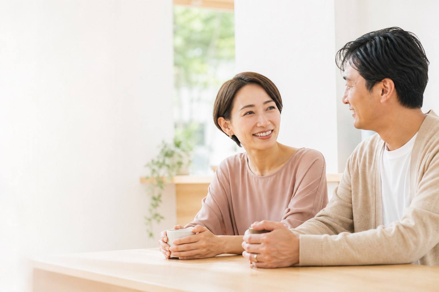 穏やかに会話する40代男女のイメージ