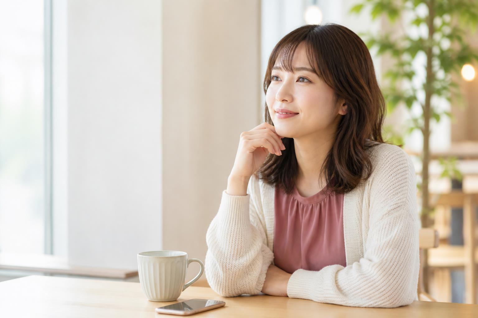カフェでこれからの婚活について前向きに考える女性